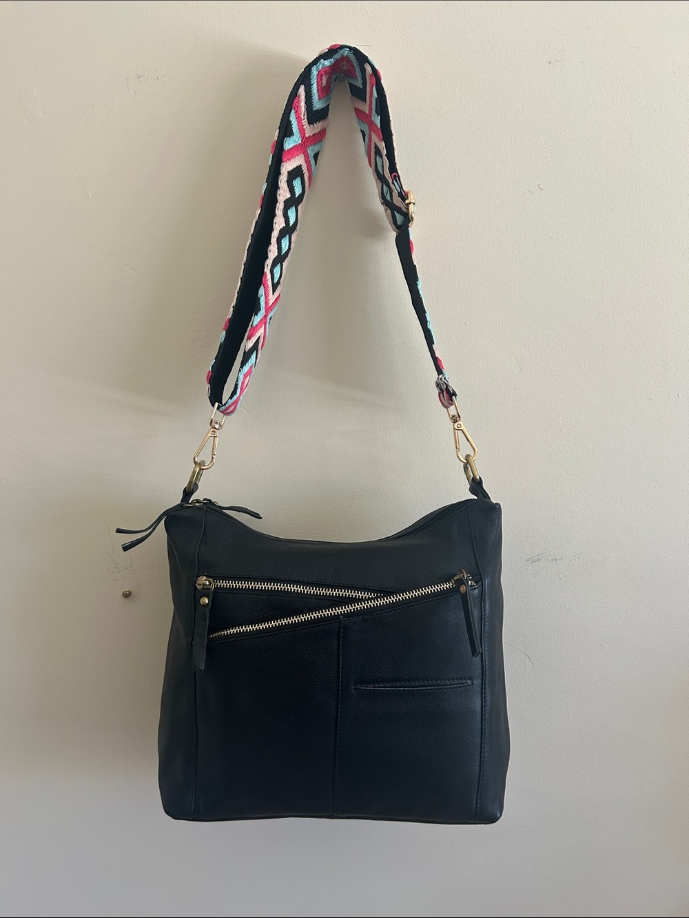 Genuine Leather Crossbody Bag with Patterned Strap